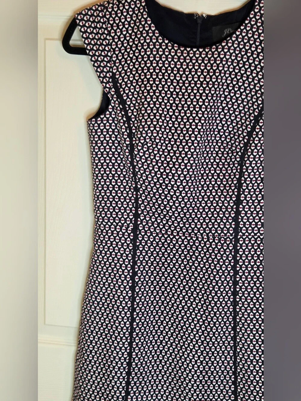 J.Crew Cap Sleeve Matelasse Sheath Dress Navy Red Geometric Dot Lined Size 00